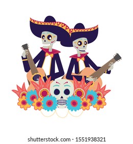 mexican mariachis skulls playing guitars characters vector illustration design