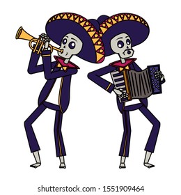 mexican mariachis skulls playing trumpet and accordion vector illustration design