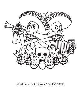 mexican mariachis skulls playing trumpet and accordion vector illustration design