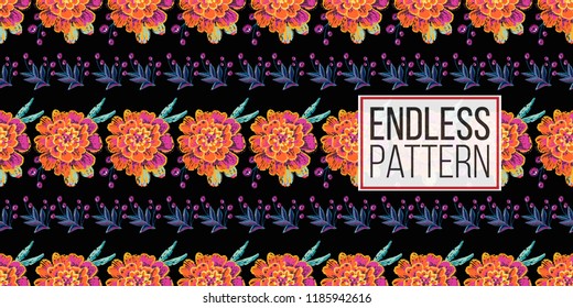 Mexican marigold and embroidery branch horizontal stripes seamless pattern. Traditional elements on dark repeatable background. Watercolor style illustration on black backdrop.