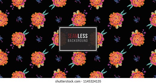 Mexican marigold and embroidery branch seamless pattern. Traditional elements on dark repeatable background. Watercolor style illustration on black backdrop.