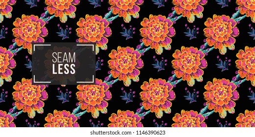 Mexican marigold and embroidery branch seamless pattern. Traditional elements on dark repeatable background. Watercolor style illustration on black backdrop.