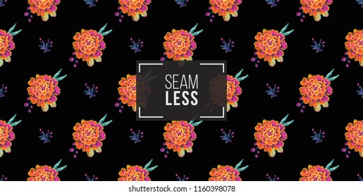 Mexican marigold and embroidery branch seamless pattern. Traditional elements on dark repeatable background. Watercolor style illustration on black backdrop.