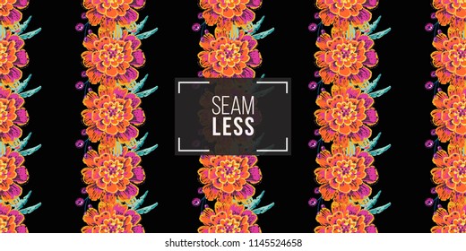Mexican marigold embroidery branch vertical stripes seamless pattern. Traditional elements on dark repeatable background. Watercolor style illustration on black backdrop.