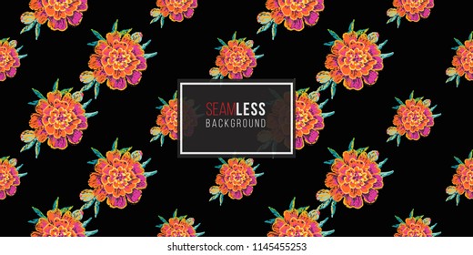 Mexican marigold flower seamless pattern. Traditional elements on dark repeatable background. Watercolor style illustration on black backdrop.