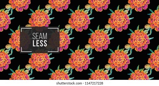 Mexican marigold flower seamless pattern. Traditional elements on dark repeatable background. Watercolor style illustration on black backdrop.