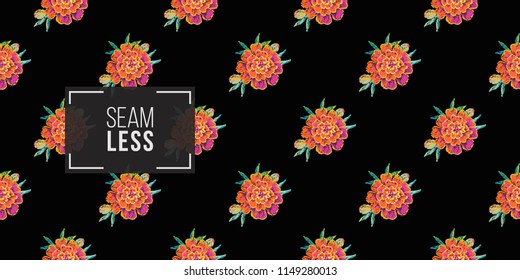 Mexican marigold flower seamless pattern. Traditional elements on dark repeatable background. Watercolor style illustration on black backdrop.