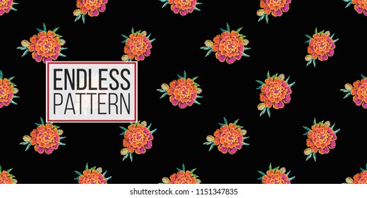 Mexican marigold flower seamless pattern. Traditional elements on dark repeatable background. Watercolor style illustration on black backdrop.