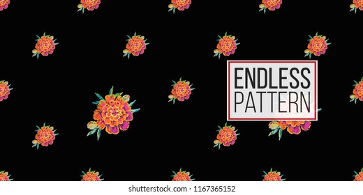 Mexican marigold flower seamless pattern. Traditional elements on dark repeatable background. Watercolor style illustration on black backdrop.