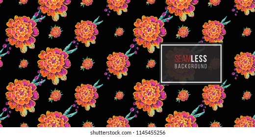 Mexican marigold flowers seamless pattern. Traditional elements on dark repeatable background. Watercolor style illustration on black backdrop.