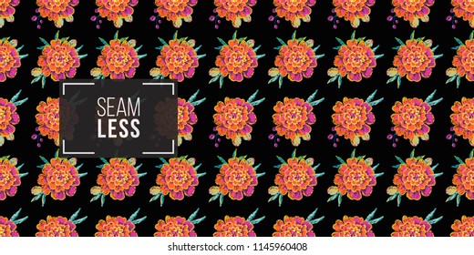 Mexican marigold flowers seamless pattern. Traditional elements on dark repeatable background. Watercolor style illustration on black backdrop.