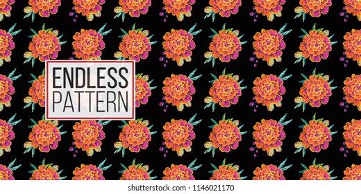 Mexican marigold flowers seamless pattern. Traditional elements on dark repeatable background. Watercolor style illustration on black backdrop.
