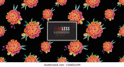 Mexican marigold flowers seamless pattern. Traditional elements on dark repeatable background. Watercolor style illustration on black backdrop.