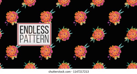 Mexican marigold flowers seamless pattern. Traditional elements on dark repeatable background. Watercolor style illustration on black backdrop.