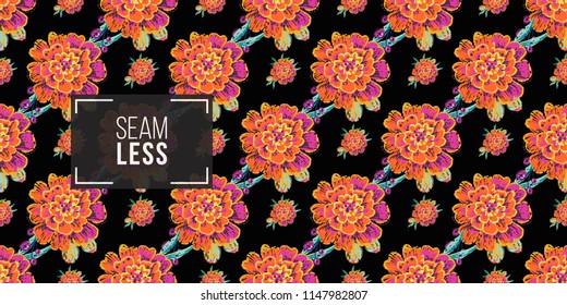 Mexican marigold flowers seamless pattern. Traditional elements on dark repeatable background. Watercolor style illustration on black backdrop.