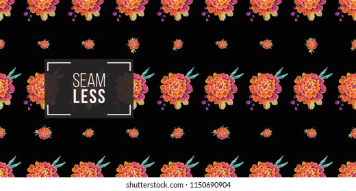 Mexican marigold flowers seamless pattern. Traditional elements on dark repeatable background. Watercolor style illustration on black backdrop.