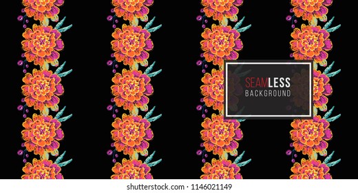 Mexican marigold flowers vertical stripes seamless pattern. Traditional elements on dark repeatable background. Watercolor style illustration on black backdrop.