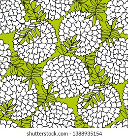 Mexican marigold hand drawn seamless pattern. Tagetes erecta flower ink pen doodle texture. White bloom outline drawing. Wildflower cartoon sketch. Textile, wrapping paper, wallpaper floral design