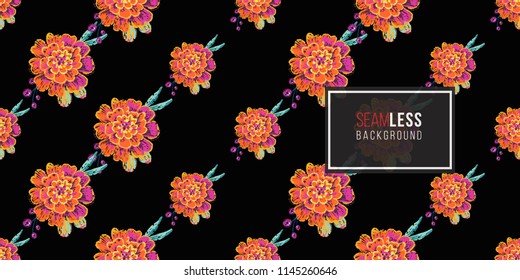 Mexican marigold seamless pattern. Traditional elements on dark repeatable background. Watercolor style illustration on black backdrop.