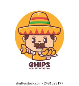 Mexican mascot character with chips, vector illustration for culinary industry, logo, sticker, icon, etc.