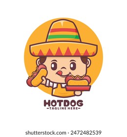 Mexican mascot character with hotdog, vector illustration for culinary industry, logo, sticker, icon, etc.