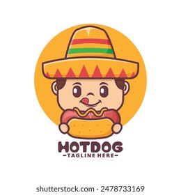 Personaje de mascota mexicana con hotdog, Ilustración vectorial para la industria culinaria, logo, etiqueta engomada, ícono, etc.