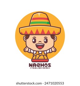 Mexican mascot character with nachos, vector illustration for culinary industry, logo, sticker, icon, etc.