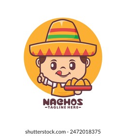 Mexican mascot character with nachos, vector illustration for culinary industry, logo, sticker, icon, etc.