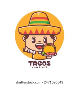 Mexican mascot character with tacos, vector illustration for culinary industry, logo, sticker, icon, etc.