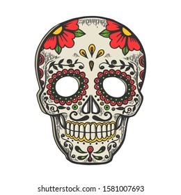 Mexican mask day of dead vintage sketch engraving vector illustration. T-shirt apparel print design. Scratch board style imitation. Black and white hand drawn image.