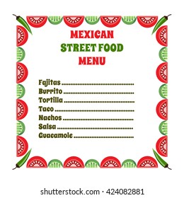 Mexican meal style. Emblem frame of cuisine Concept. Traditional latin street food menu template. Mexico kitchen elements. Chili tomato lime ornate dish menu border. Vector Illustration