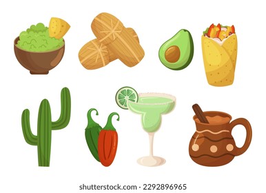 Comidas mexicanas con sabores audaces y picantes, con platos como tamales, guacamole con nachos, lemonade, burrito con aguacate y pimienta jalapeno y cactus. Ilustración del vector de dibujos animados