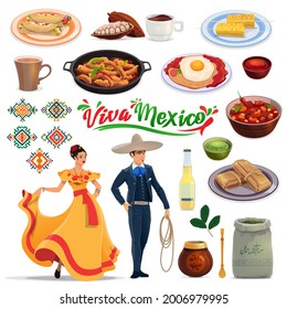 Mexican meals and drinks, people in carnival costumes. Vector enchilada, cacao beans and chocolate, fajitas, huevos rancheros and tamale, lemonade, mate and woman in tabasco dress, man in charro suit