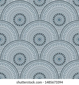 Mexican medallions mosaic background vector seamless pattern. Folk motifs suzani repeating scallops. Native indian folk round medallion circles seamless geometric pattern.