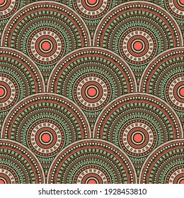 Mexican medallions mosaic fabric print vector seamless pattern. Folk motifs intricate line art geometry. Native indian folk overlapping circular shapes seamless geometric pattern.