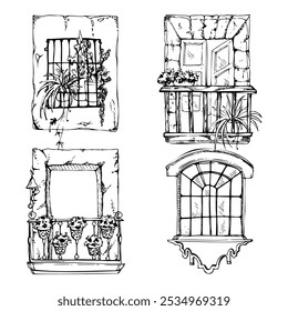 Mexican Mediterranean Moroccan window frame balcony, house plants, architectural facade exterior. Hand drawn ink vector illustration. Set of elements isolated on white for travel, vacation brochure