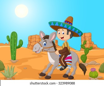 Mexican men driving a donkey in the desert background 