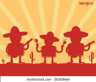 Mexican men playing instruments.Vector red silhouette background