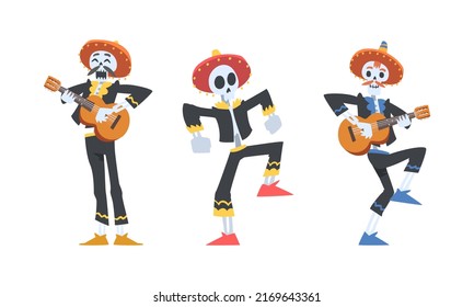 Mexican men wearing skeleton suits dancing and playing music at Day of the Dead cartoon cartoon vector illustration