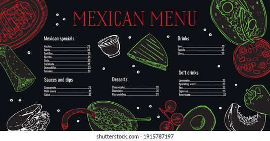 Mexican menu design template. List of dishes and outline illustrations. Hand drawn vector sketch graphic