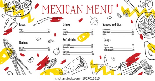 Mexican menu design template with list of dishes and drinks. Hand drawn vector illustrations of traditional dishes. Fajitas, taco, quesadillas. Black on white background with colorful graphic