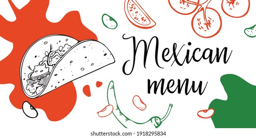 Mexican menu flyer design template with tortilla and vegetables. Hand drawn outline vector sketch illustration 