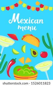 Mexican menu. Guacamole, Margarita, Avocado, Tacos, Nachos, Chili
