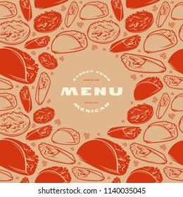 Mexican menu label and frame with pattern. Print on brown background