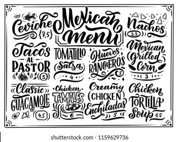 Mexican Menu lettering with traditional food names Guacamole, Enchilada, Tacos, Nachos and more. Vector vintage illustration on white background. Vector