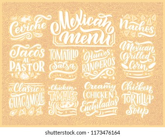 Mexican Menu lettering with traditional food names Guacamole, Enchilada, Tacos, Nachos and more. Vector illustration. Background for restaurant, cafe, showcase, storefront design