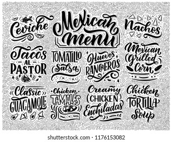 Mexican Menu lettering with traditional food names Guacamole, Enchilada, Tacos, Nachos and more. Vector illustration. Background for restaurant, cafe, showcase, storefront design