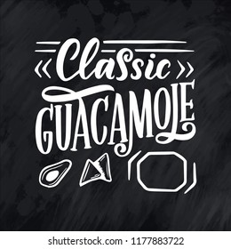 Mexican Menu lettering with traditional food names Guacamole, Enchilada, Tacos, Nachos and more. Vector vintage illustration on chalk background. Vector