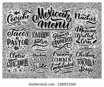 Mexican Menu lettering with traditional food names Guacamole, Enchilada, Tacos, Nachos and more. Vector illustration. Background for restaurant, cafe, showcase, storefront design