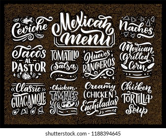 Mexican Menu lettering with traditional food names Guacamole, Enchilada, Tacos, Nachos and more. Vector illustration. Background for restaurant, cafe, showcase, storefront design